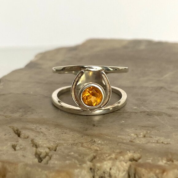 Sterling Silver 925 Round Faceted Citrine Gemstone Horseshoe Ring Sz 6.5 - Picture 2 of 16
